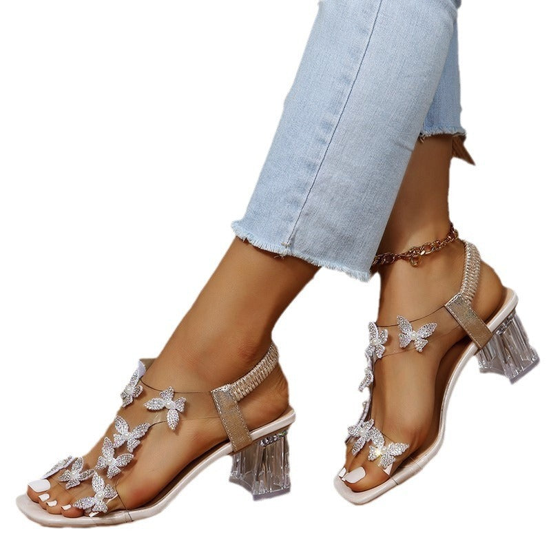 Wholesale Square Toe Elastic Band Butterfly Flower Crystal Heel Sandals