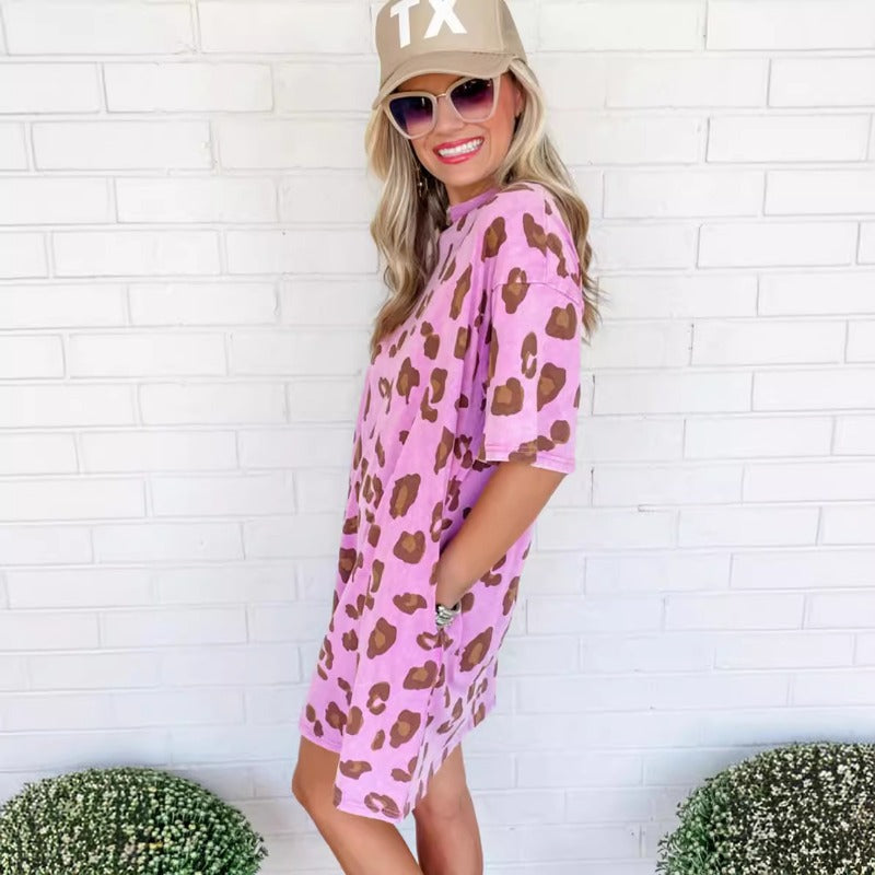 Wholesale Leopard Print Round Neck Loose Dress