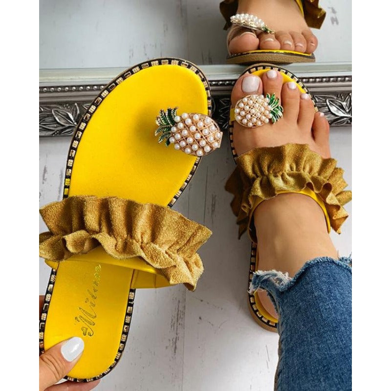 Wholesale Toe Lace Pineapple PU Slippers