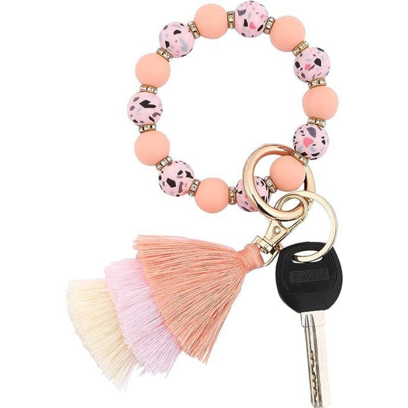 Wholesale Leopard Pattern Silicone Beads Three Layer Thread Tassel Wrist Keychain