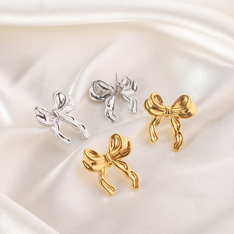 Wholesale Retro Premium Double layered Bow Stainless Steel 18k Genuine Gold Plated Color Preserved Earrings