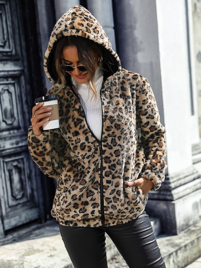 Wholesale Autumn and Winter Women's Hooded Long-sleeved Leopard Print Mid-length Double-sided Velvet Loose Casual Jacket