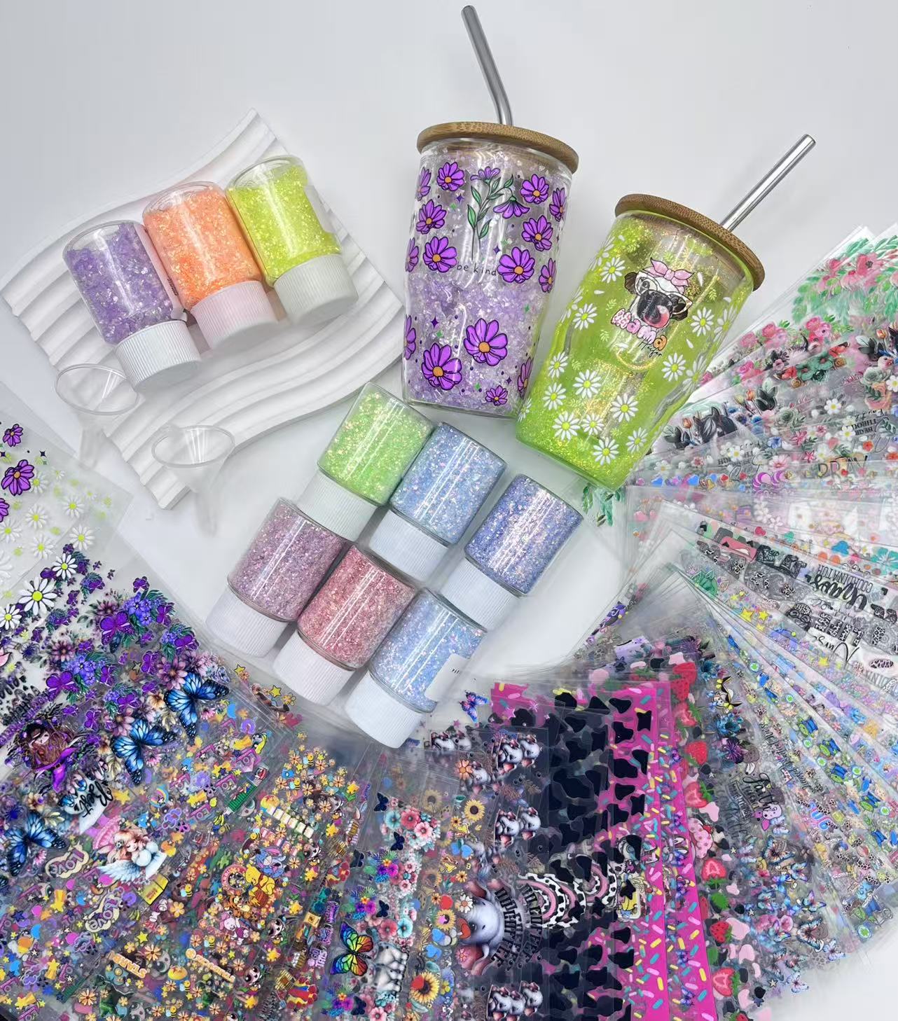 Wholesale Snowgloble 3oz Double Layer Shot Glass One Sets Including One Snowgoble Glass and 3 Boxes Gravel Glitter Filler and One Straw and One Funnel Filling Tool and One Piece Random Style Matching UVdtf Sticker Sets