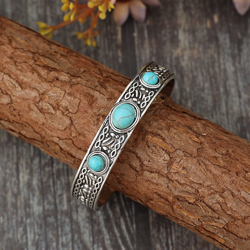 Wholesale Bohemian Vintage Style Inlaid Turquoise Open Adjustable Alloy Bracelet