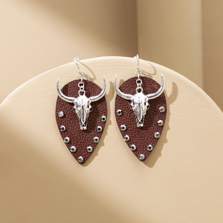 Wholesale Western Cowboy Cow Head Ethnic Style Leather Earrings