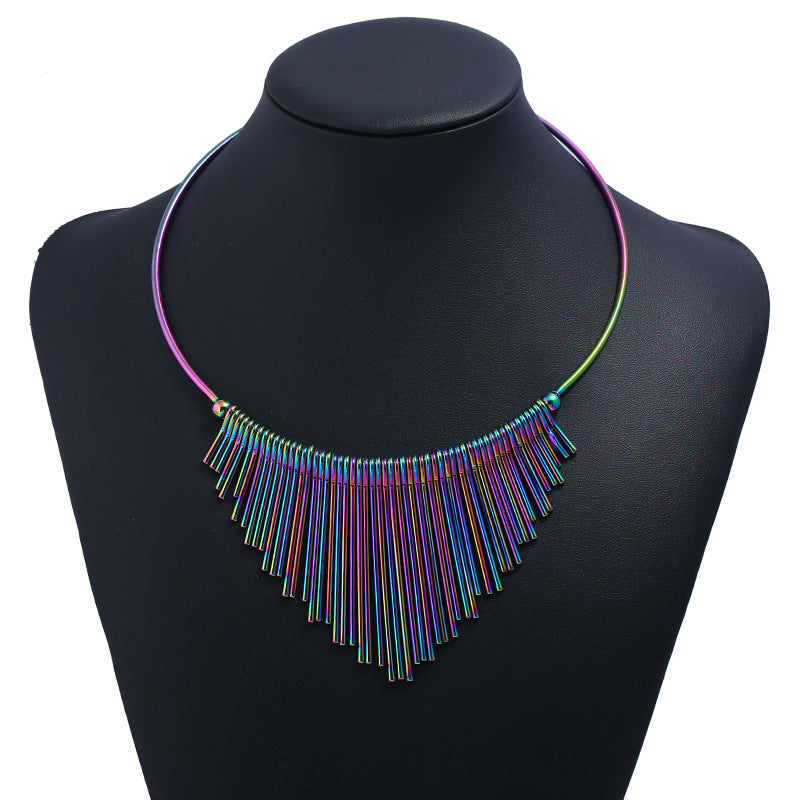 Wholesale  long tassel metal collar clavicle chain fan-shaped colorful short necklace trend punk style