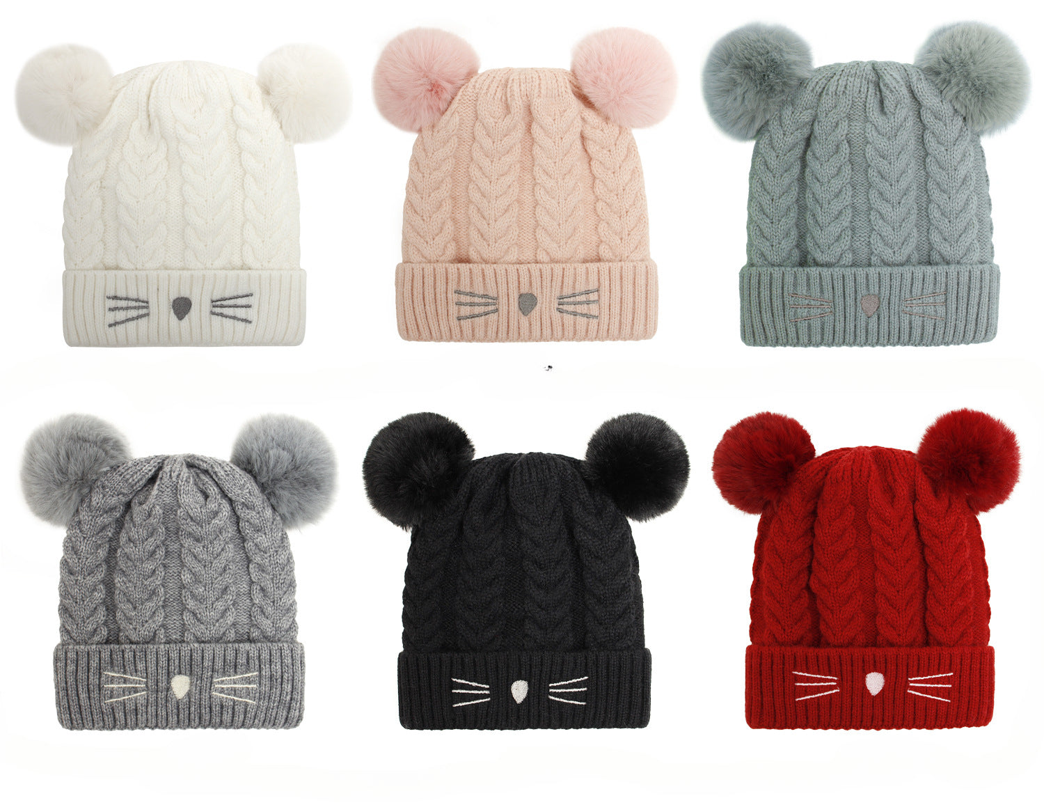 Wholesale Autumn and Winter Cartoon Cat Plush Double Ball Knitted Beanie