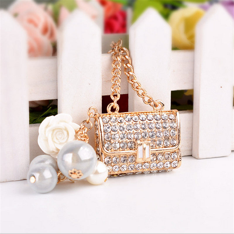Wholesale Pearl Small Ice Cream Car Metal Key Chain Ring with Diamonds Keychain