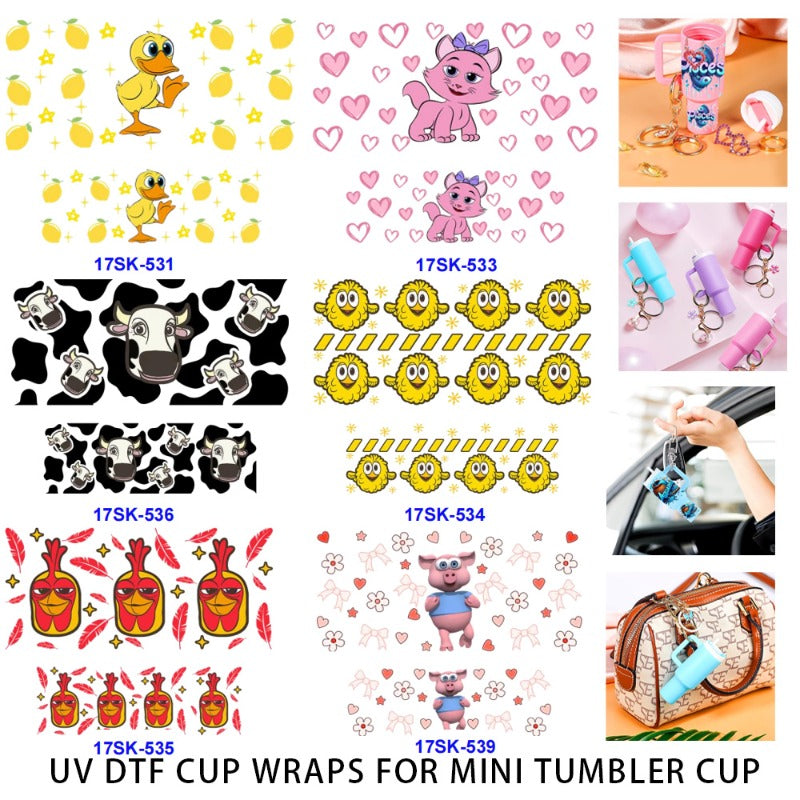 Wholesale 2/4/8 Pcs Cute Cartoon Animals Pink Heart Flowers UV DTF Wraps Mini Tumbler Cup Keychain Lipstick Holders