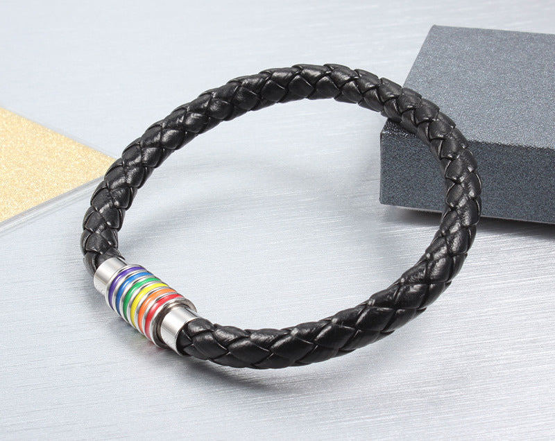 Wholesale Rainbow Woven Titanium Steel PU Leather Bracelet