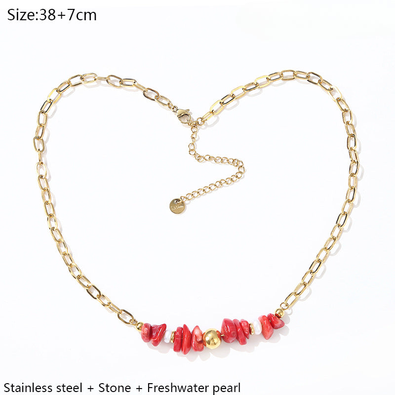 Wholesale of Pine Stone Orchid Red Stone, Freshwater Pearl Clavicle Stainless Steel Necklace