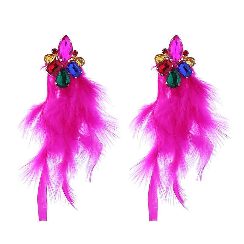 Wholesale Alloy Diamond Feather Flower Long Temperament Tassel Earrings