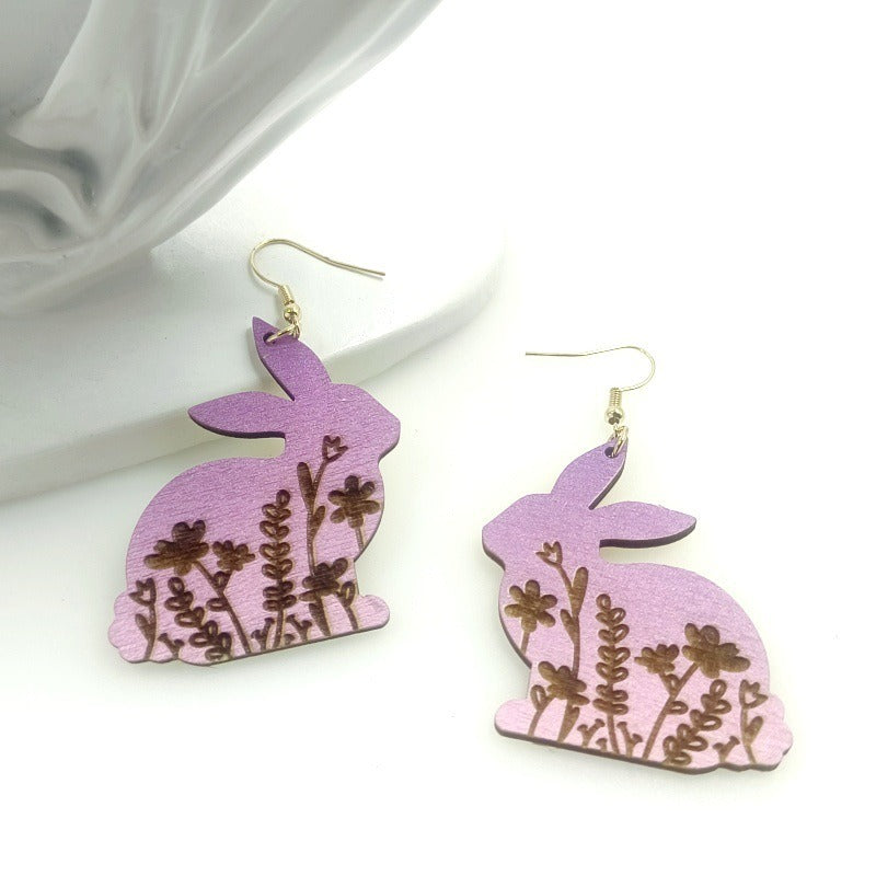 Wholesale Creative Rabbit Cutting Wood Carving Printing Gradient Earrings