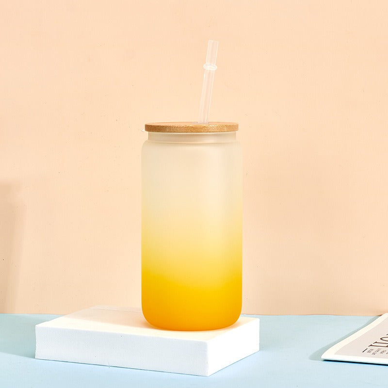 Wholesale Sublimation 16oz Thermal Transfer Frosted Gradient Bamboo Lid Glass