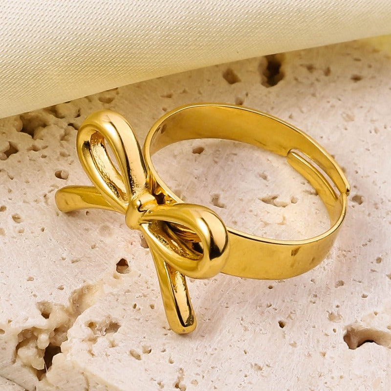 Wholesale Ribbon Knot Heart shaped 18K Real Gold Open Mouth Adjustable Luxury Stainless Steel Rings