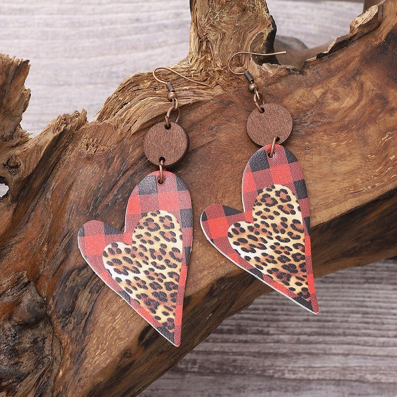 Wholesale Multiple Heart Pattern Valentine's Day Leopard Print Leather Earrings