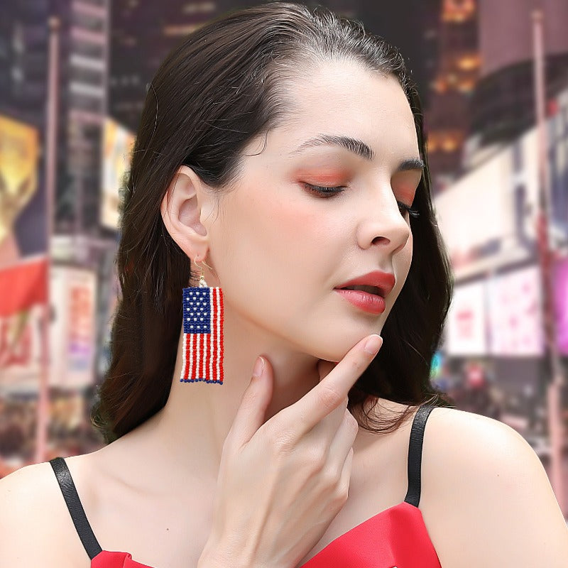 Wholesale Bohemian Tassel American Flag Rice Bead Earrings