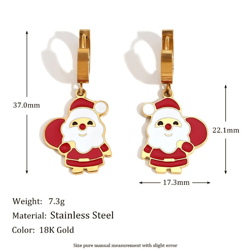 Wholesale Cute Cartoon Santa Claus Oil Dripping Stainless Steel 18K Gold Plated Sleigh Christmas Tree Earrings