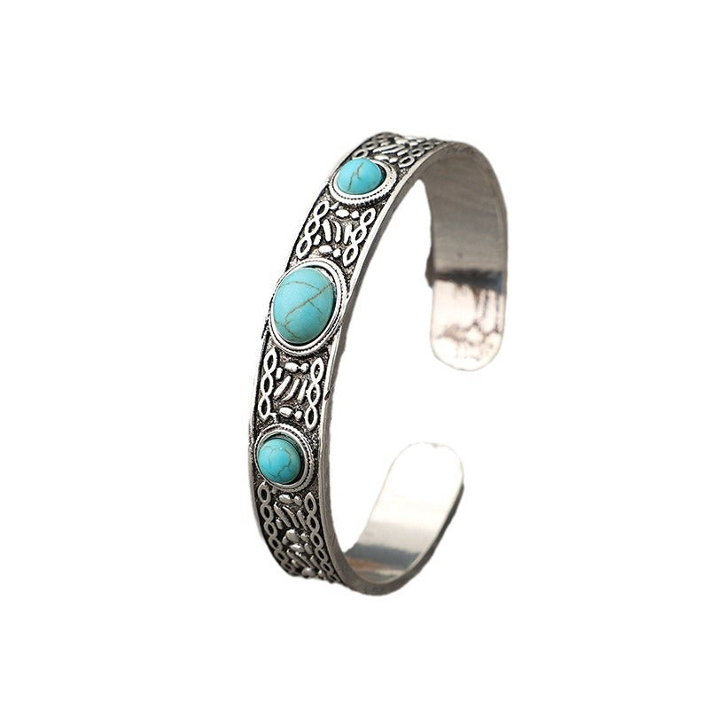 Wholesale Bohemian Vintage Style Inlaid Turquoise Open Adjustable Alloy Bracelet