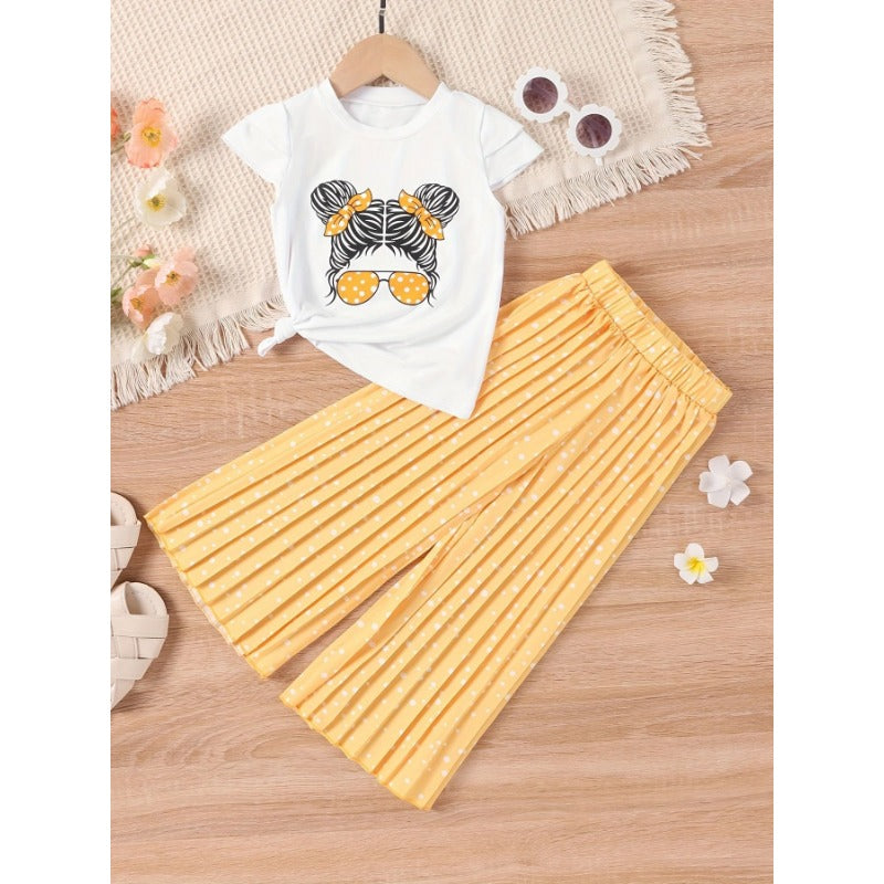 Wholesale Cartoon Avatar Short Sleeved and Wide Leg Pants Casual Polyester Two-piece Set