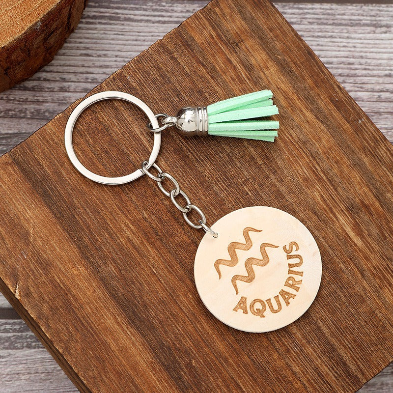 Wholesale Simple Style Wooden Round Twelve Constellation Letter Pattern Tassel Keychain
