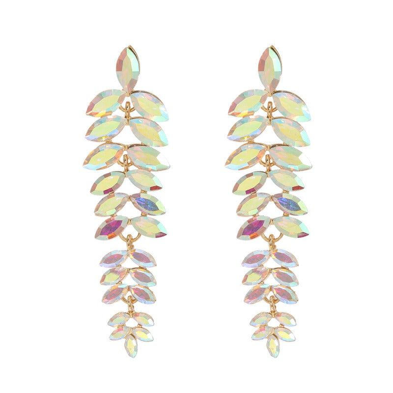 Wholesale Colored Diamond Full Diamond Long Leaf Earrings