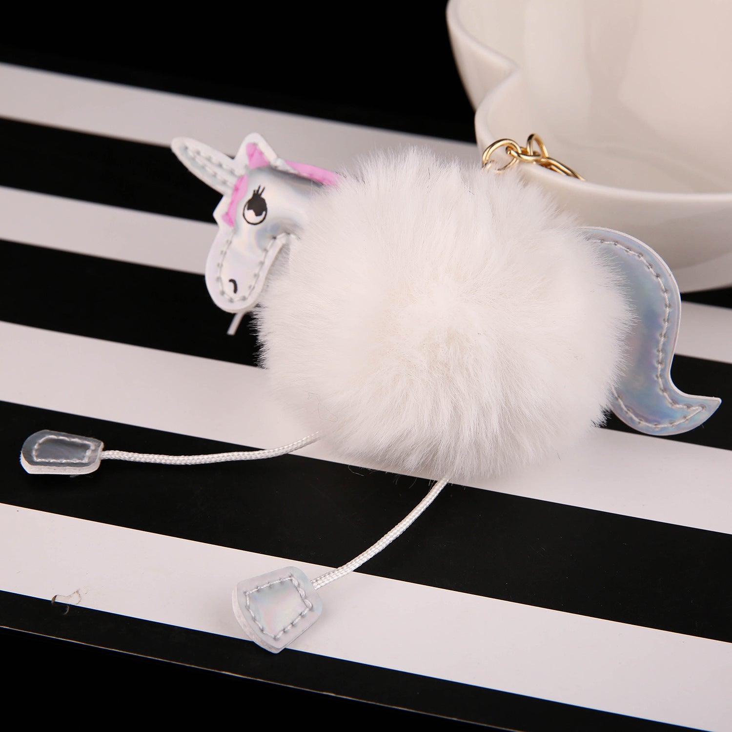 Wholesale Cartoon Unicorn Plush Keychain With PU Leather Strap Grey Furry Ball Birthday Gift Bag Charm Resale Accessory