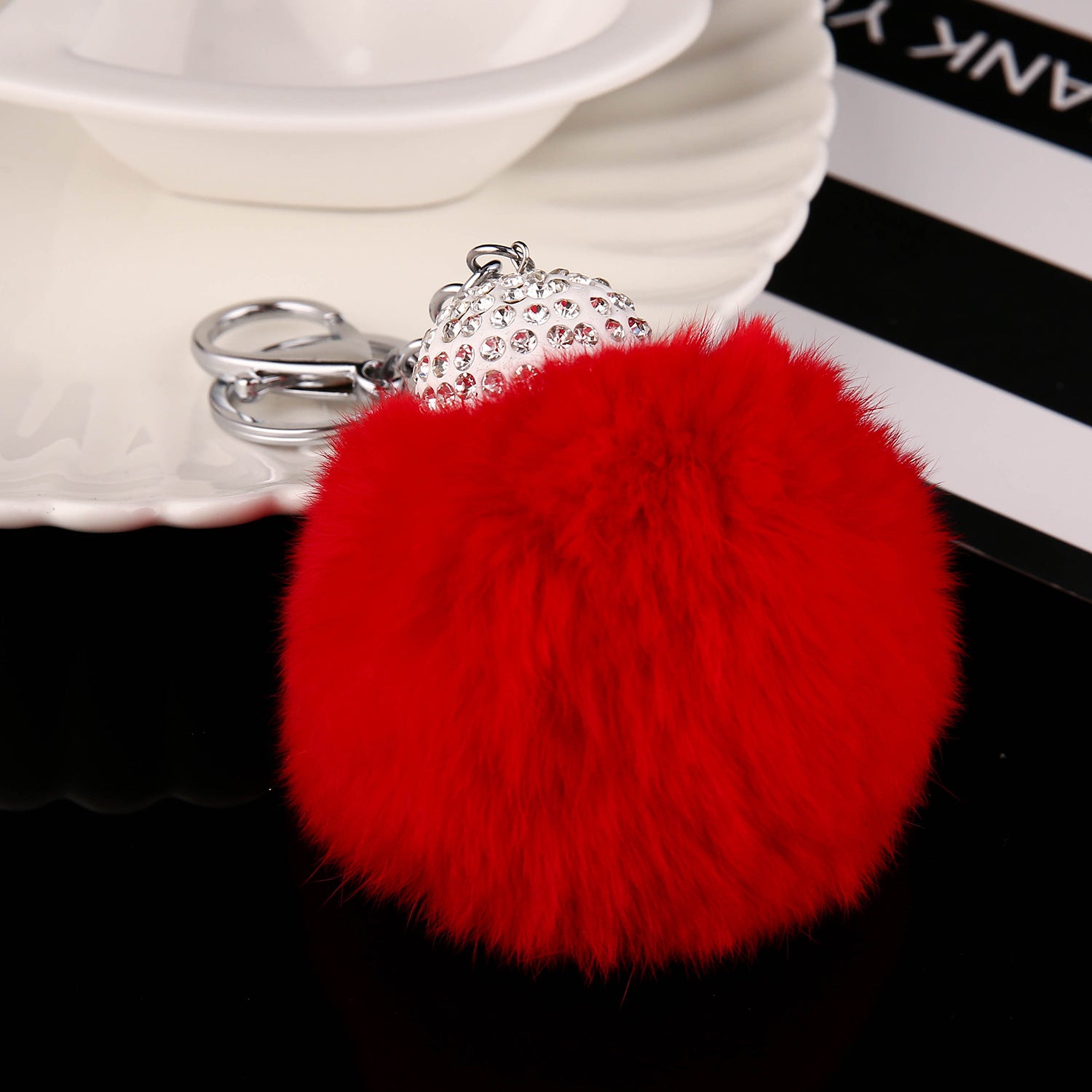 Wholesale Faux Fur Rhinestone Ball Keychain Plush Animal Bag Charm Decorative Gift For Purse Car Key