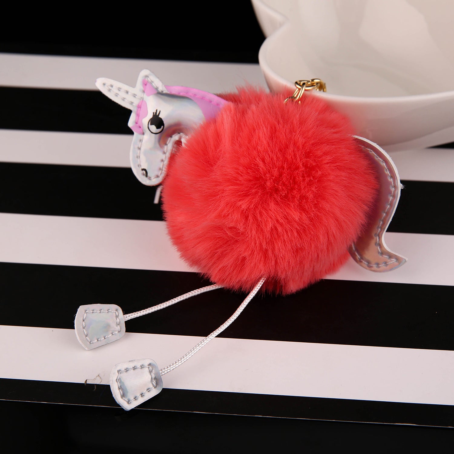 Wholesale Cartoon Unicorn Plush Keychain With PU Leather Strap Grey Furry Ball Birthday Gift Bag Charm Resale Accessory