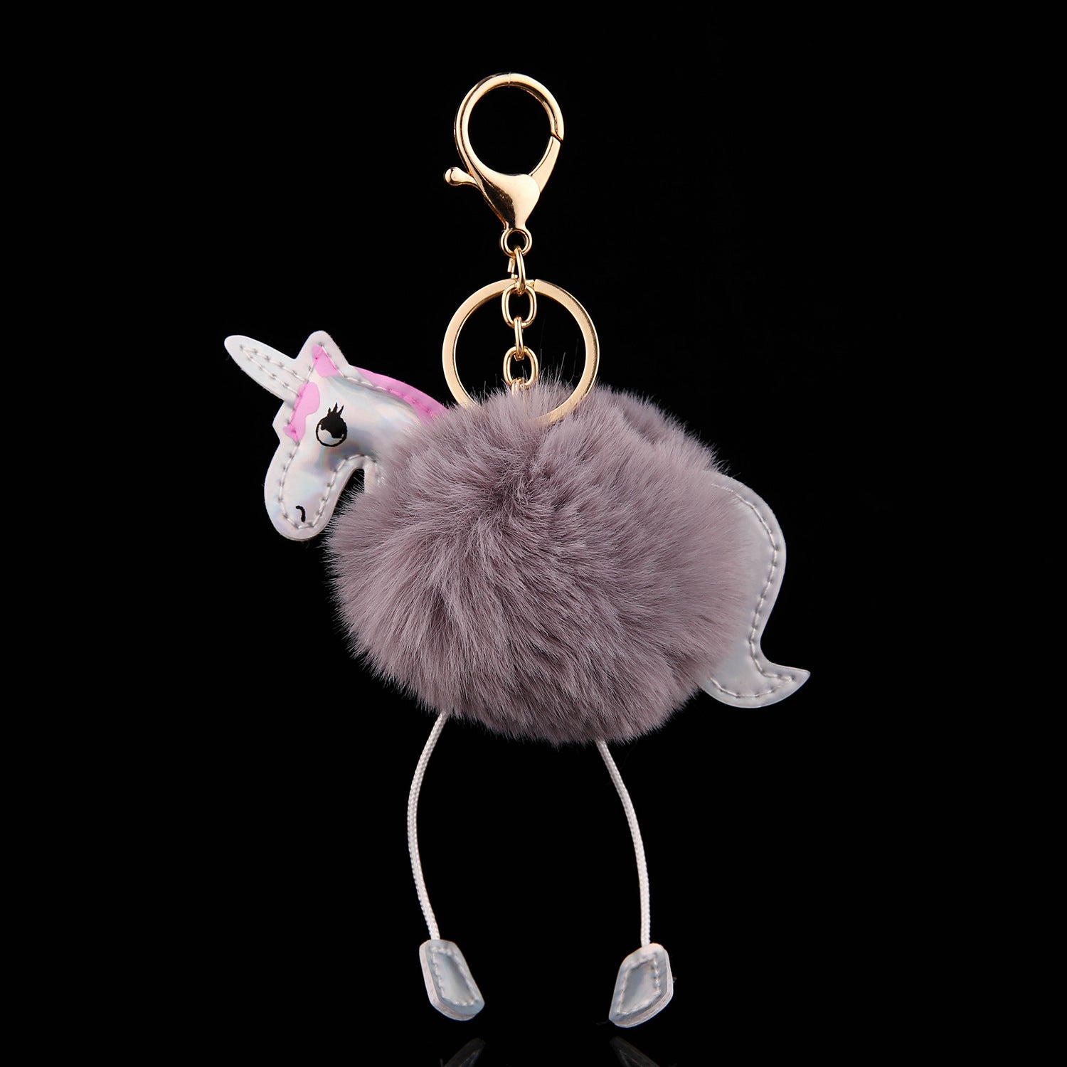 Wholesale Cartoon Unicorn Plush Keychain With PU Leather Strap Grey Furry Ball Birthday Gift Bag Charm Resale Accessory