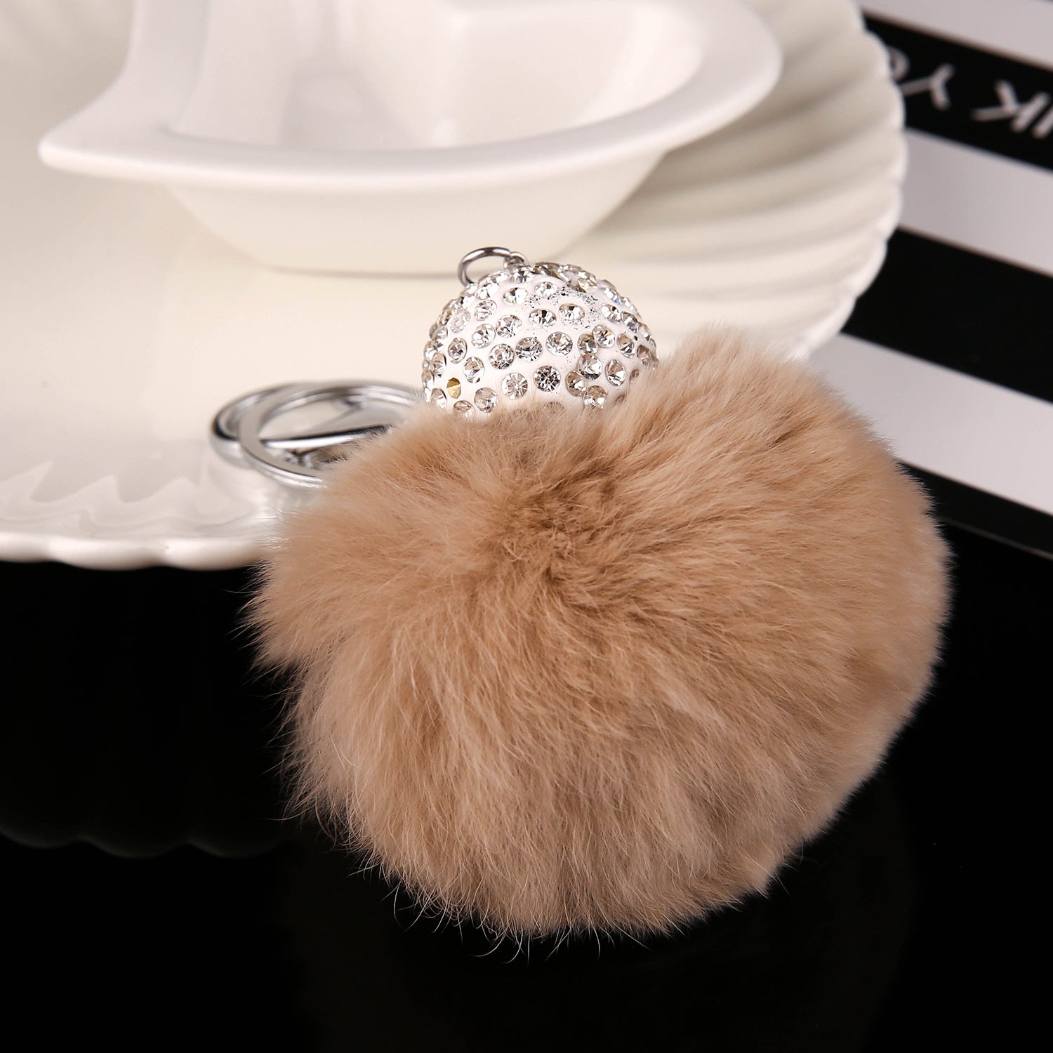 Wholesale Faux Fur Rhinestone Ball Keychain Plush Animal Bag Charm Decorative Gift For Purse Car Key