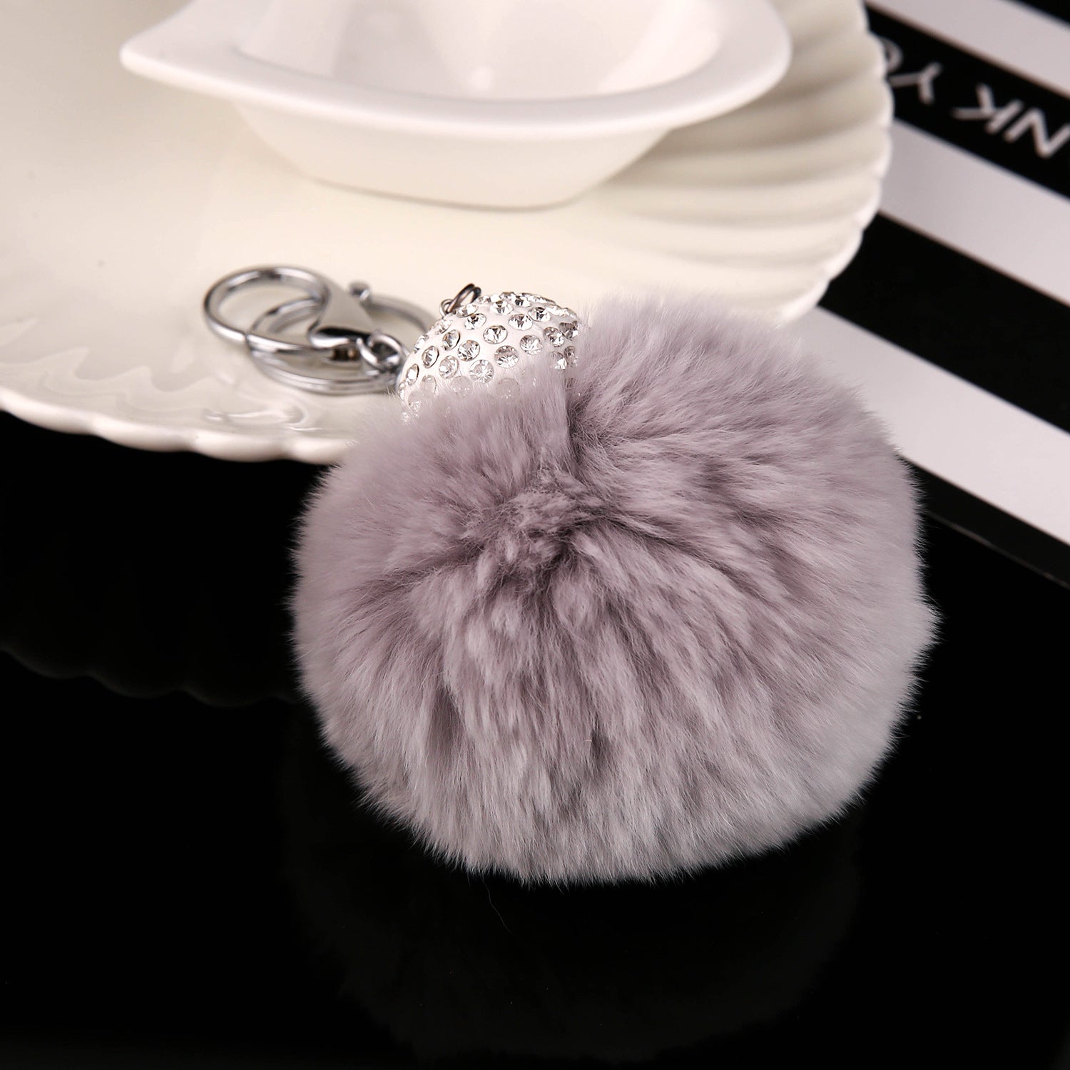 Wholesale Faux Fur Rhinestone Ball Keychain Plush Animal Bag Charm Decorative Gift For Purse Car Key