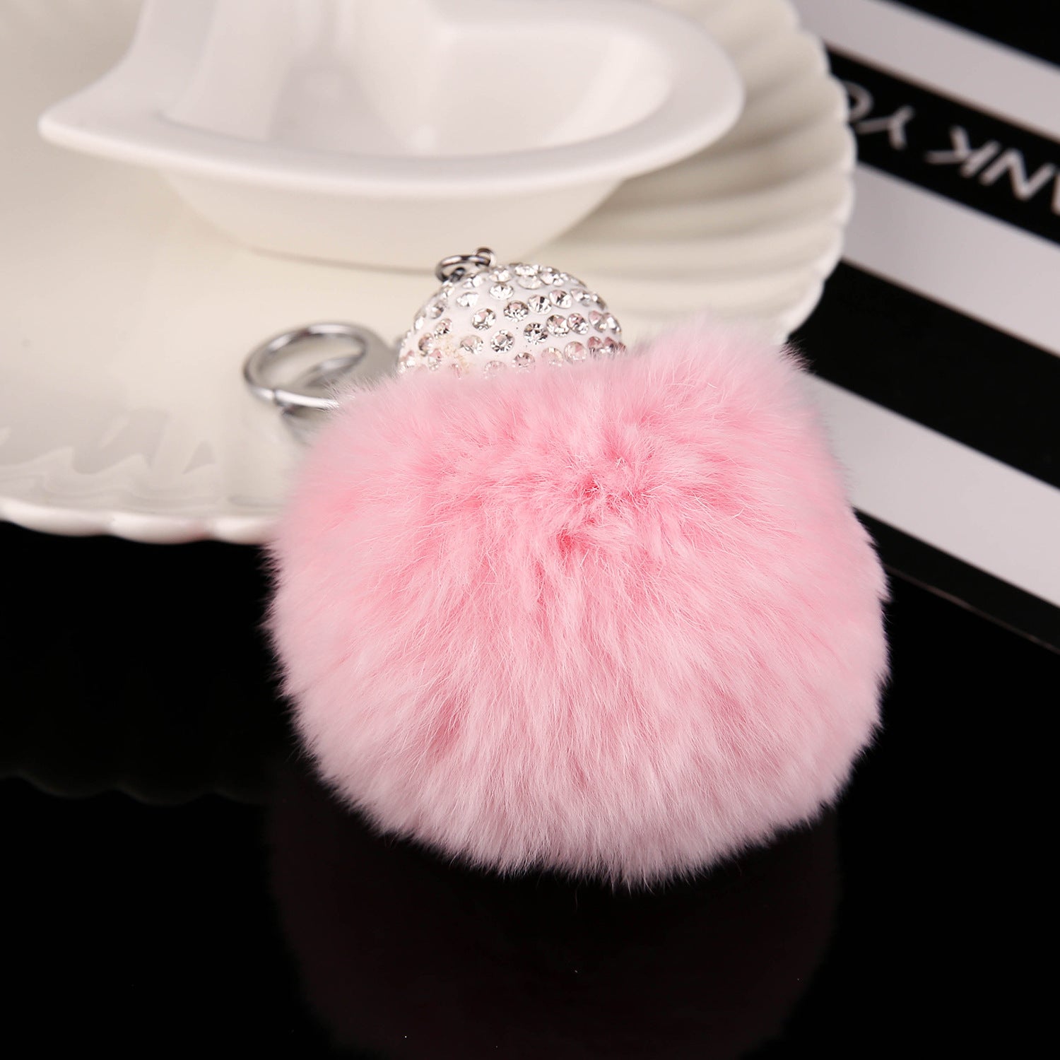Wholesale Faux Fur Rhinestone Ball Keychain Plush Animal Bag Charm Decorative Gift For Purse Car Key
