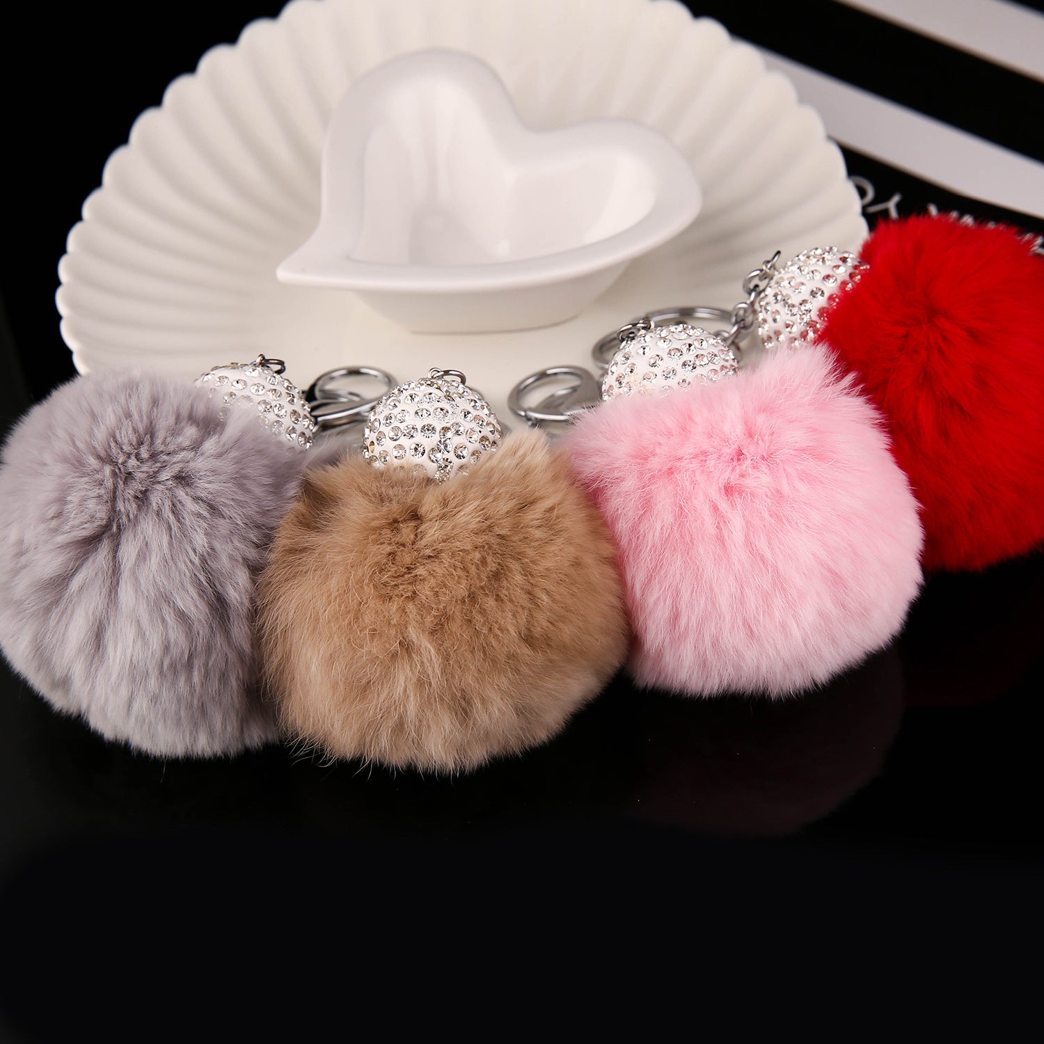 Wholesale Faux Fur Rhinestone Ball Keychain Plush Animal Bag Charm Decorative Gift For Purse Car Key