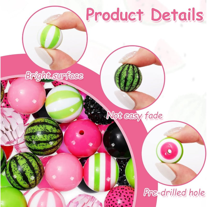 Wholesale Whaline 50Pcs 20mm Summer Beads 14 Styles Watermelon Theme Mixed Bubblegum Beads Set Pink Green Spacer Bead Chunky Beads Jumbo Plastic Beads for DIY Jewelry Making Boutique Craft Supplies