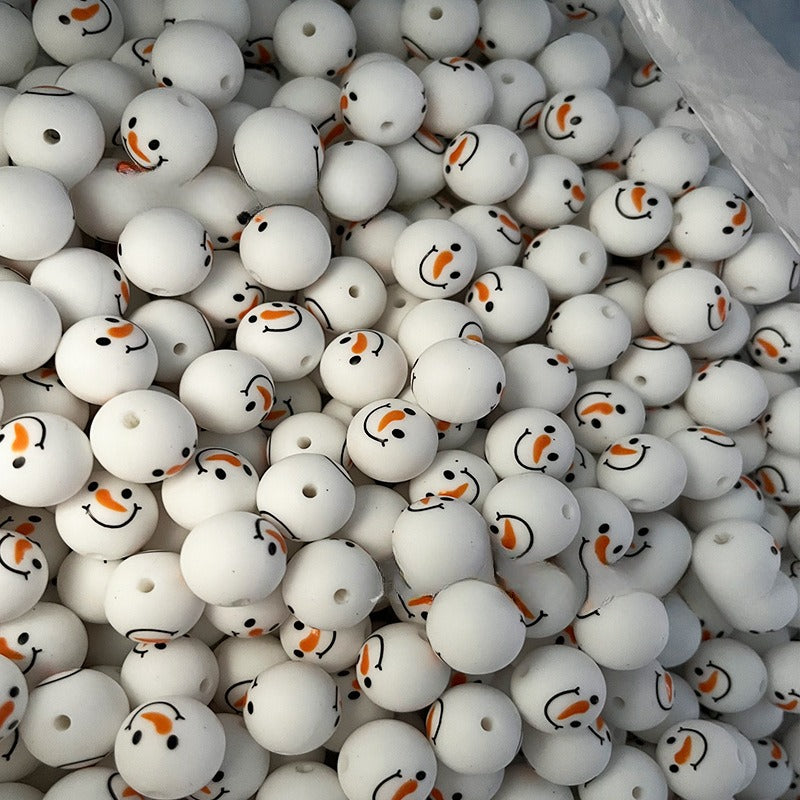 Wholesale 50pcs DIY Christmas Snowman Christmas Tree Printing 15mm Silicone Beads