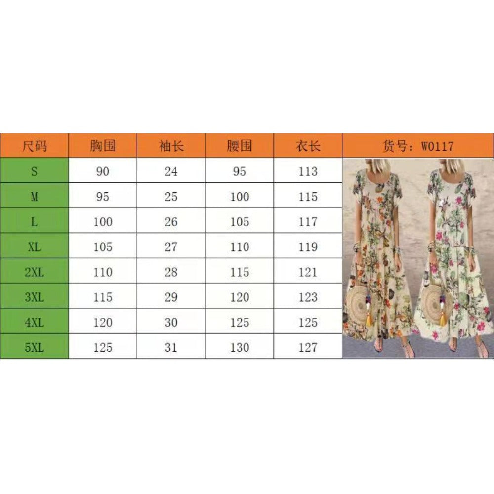 Wholesale Vintage Cotton and Linen Floral Print Short Sleeve Round Neck Dress