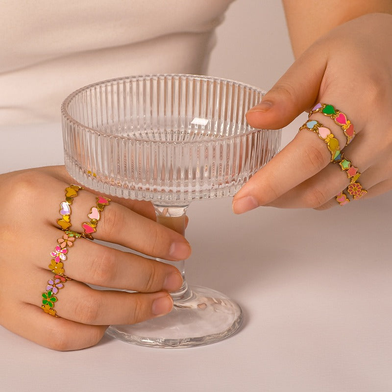 Wholesale Stainless Steel Enamel Oil Drip Colorful Flower Love Adjustable Titanium Steel Bohemian Style Open Rings