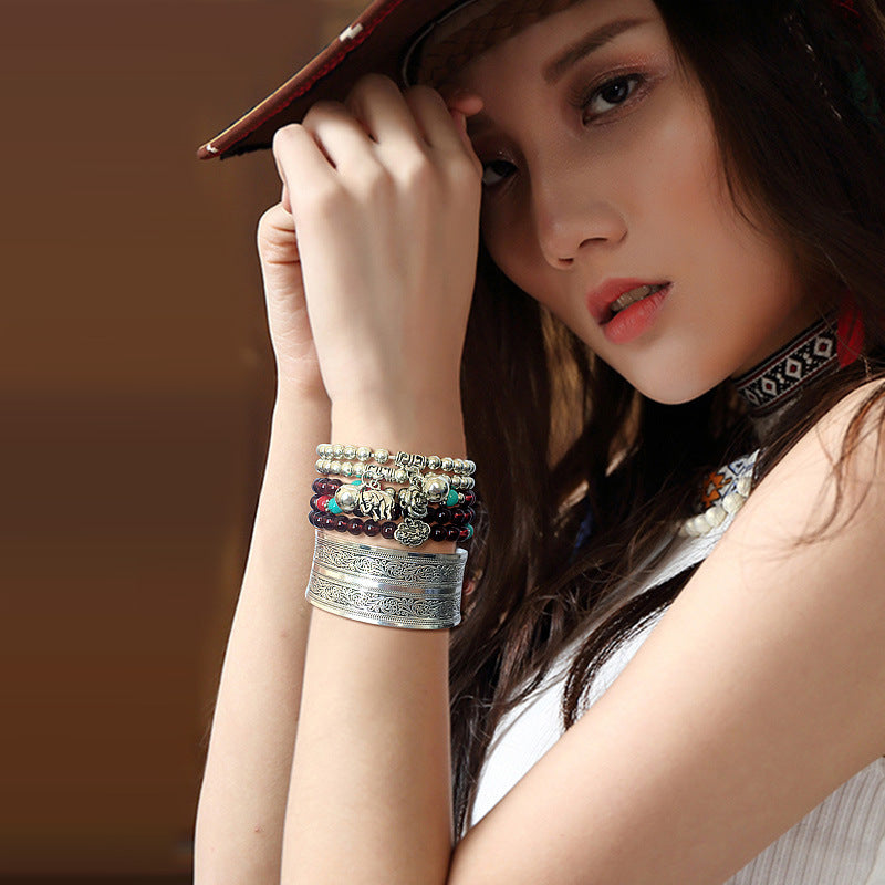 Wholesale  Bohemian Flower Teng Ancient Miao Silver Bracele Retro Wide Tibetan Silver Bracelet