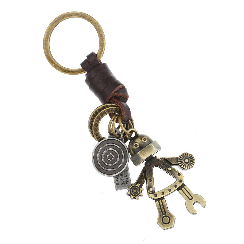 Wholesale Handwoven Genuine Leather Men's Robot Alloy Keychain
