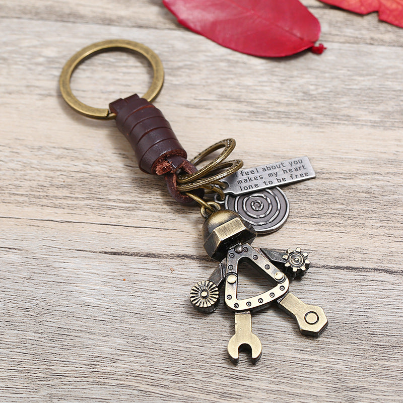 Wholesale Handwoven Genuine Leather Men's Robot Alloy Keychain