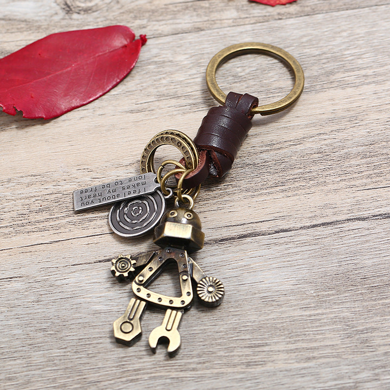 Wholesale Handwoven Genuine Leather Men's Robot Alloy Keychain