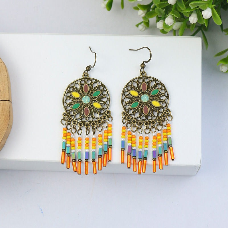 Wholesale Retro Geometric Leaf Rice Beads Fashion Earrings