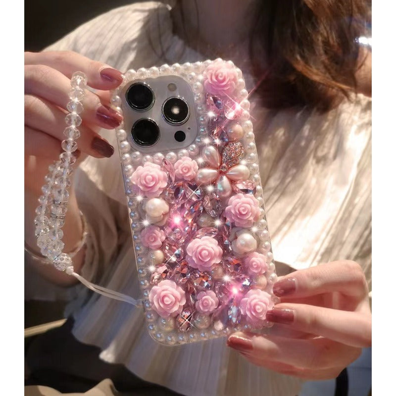Wholesale Pearl Border Full Diamond Flower Phone Protective Cases