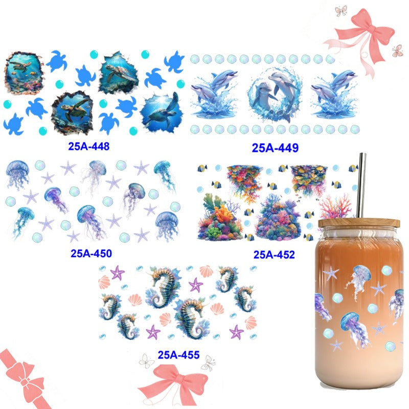 Wholesale 1pcs/5pcs Blue Marine Animals Turtles Whales Jellyfish Seahorses 16 Oz Cup UV DTF Wraps
