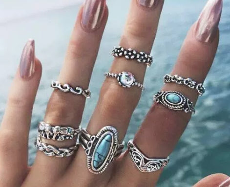 Vintage 8-piece Ring Set with Turquoise Carved Feathers