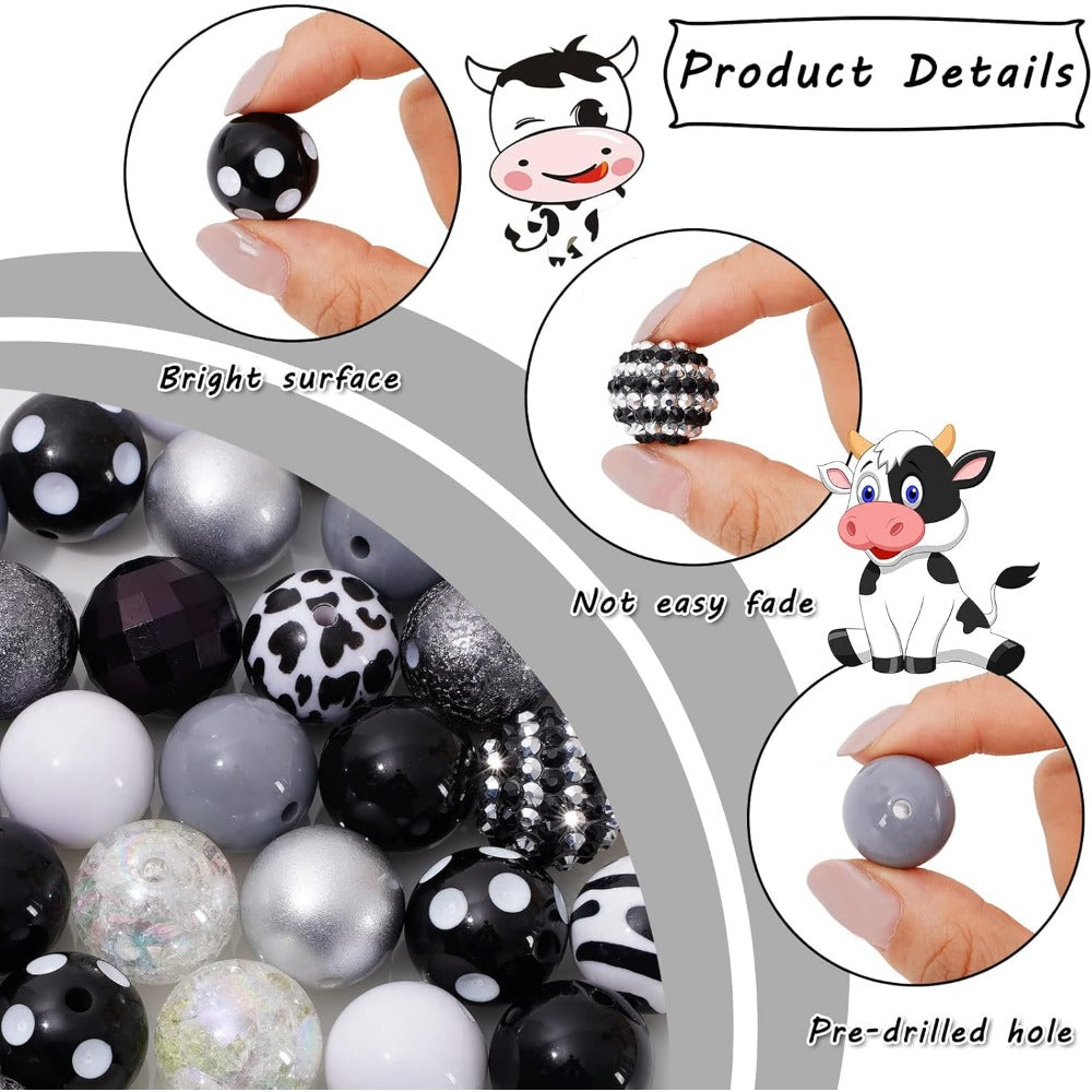 Wholesale Whaline 50Pcs 20mm Chunky Bubblegum Beads Black White Grey Cow Beads12 Styles Mixed Buffalo Plaid Spacer Beads Set Plastic Chunky Beads for Halloween Crafts Jewelry Making Boutique Craft Supplies