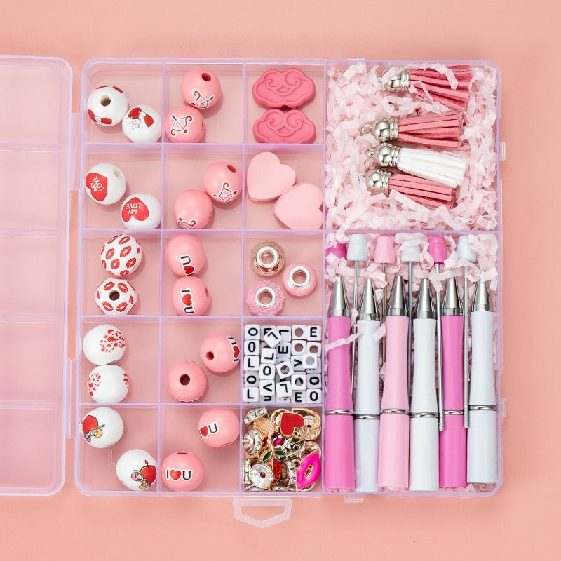 wholesale beadable pens 17 Grid Valentine's Day DIY Box Wooden Bead Letter Bead Tassel Handmade Bead Pen