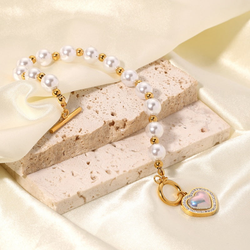 Wholesale French Baroque Pearl Love Titanium Steel Bracelet