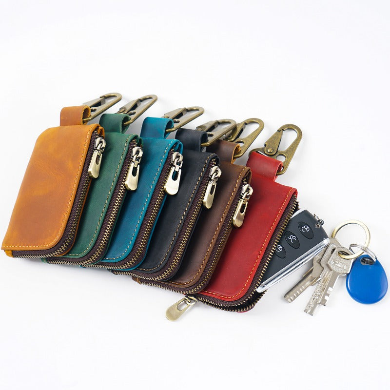 Wholesale Cowhide Waist Hanging Portable Zipper Storage Bag Leather Keychain